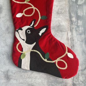 Beautiful Quality Red Velvet Christmas Stocking with French Bulldog Design EUC